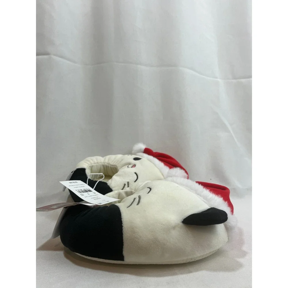 Squishmallows Santa Hat Cat Slippers Kids Size 11/12 Off-White Black Christmas